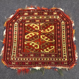 Handvävd antik turkmensk liten matta: 40x33 cm Yamut tribal matta, mini ullmatta