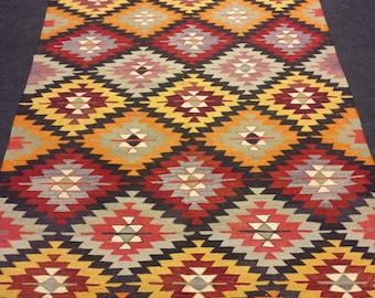 Oranjerood Turks kelimtapijt: vintage wollen vloerkleed 5,1 x 9,7 inch