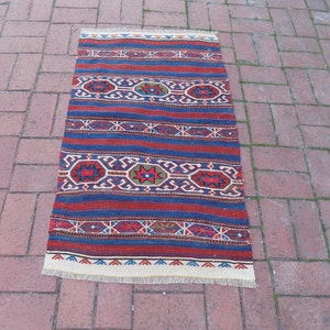 Turkis Kilim Small Rug,Handmade Small Rug,2,1"x3,5" Ft,65x108cm,Gorgeous Fantastic Colors,Awesome Design With Lovly Navy Blue,Embroidery Rug
