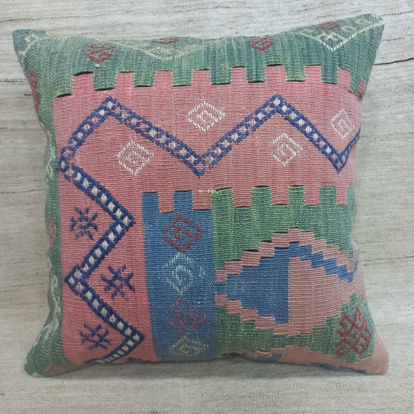 Turkish Kilim Pillow,Wool Cushion,Green Colored Kilim Pillow،Vintage Pillow, Oriental pillow,Home Decor Pillow,Handmade Pillow,16x16،40X40cm