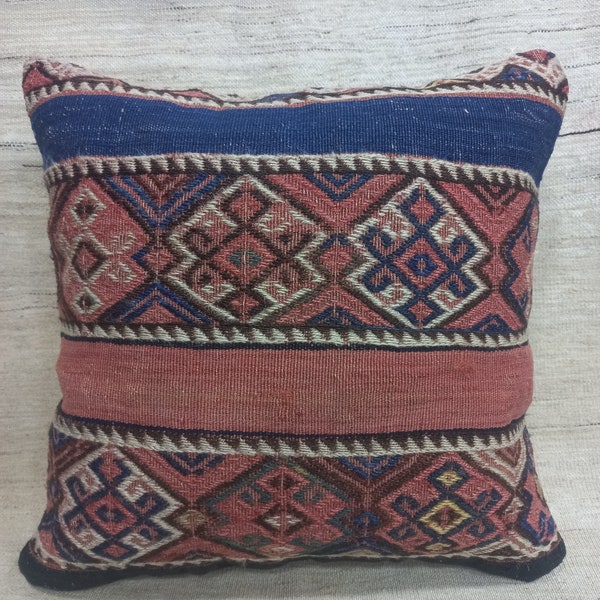 Antique Turkish Kilim Pillow,Wool Kilim Cushion,Embroidery Kilim Pillow،Vintage Pillow, Oriental pillow,Bohemian Pillow,Handmade Pillow16x16