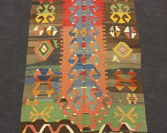Unusual Turkish Kilim Rug,Handwoven Kilim Rug,Vintage Turkish Kilim Rug,Unique Rug,2,7&quot;x4,7&quot;ft,85x145 Cm,Old Kilim Rug,Rare Dowry Kilim Rug