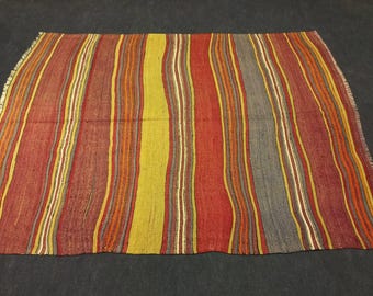Colorful Striped Turkish Kilim Rug: Vintage Wool Flat Weave (5"x6,8"ft)