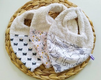 OEKO-TEX® certified cotton and terry cloth teething bandana bib, handmade birth gift, patterns of your choice