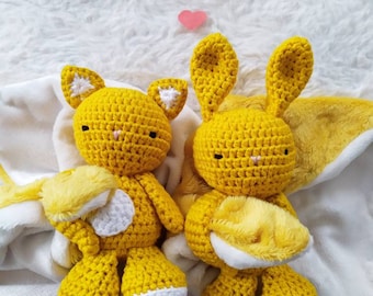 Doudou Lapin jaune moutarde, doudou bebe, fait main, cadeau de naissance