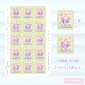 May include: A sheet of 10 peach kitty stickers with a green border and a peach on top of the kitty's head. There are also two die-cut stickers of the same design. The sheet measures 2.5 cm by 3.8 cm.