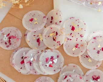 Premade Vellum Dried Flower Wax Seal / Peel and Stick / Rose Petals With Gold, Rose Gold or Silver Foil Flakes Wax Seals