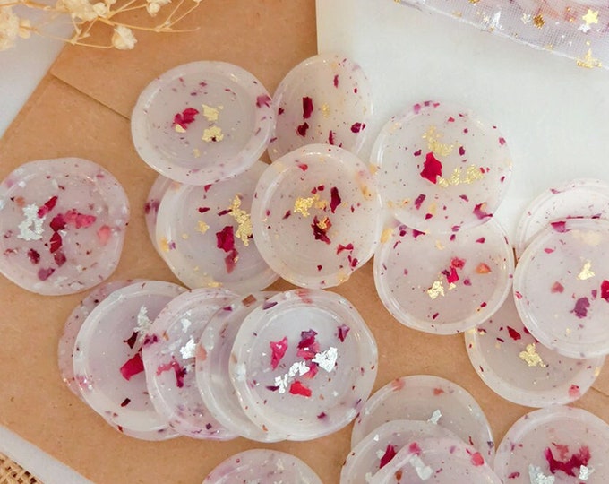 Premade Vellum Dried Flower Wax Seal / Peel and Stick / Rose Petals With Gold, Rose Gold or Silver Foil Flakes Wax Seals