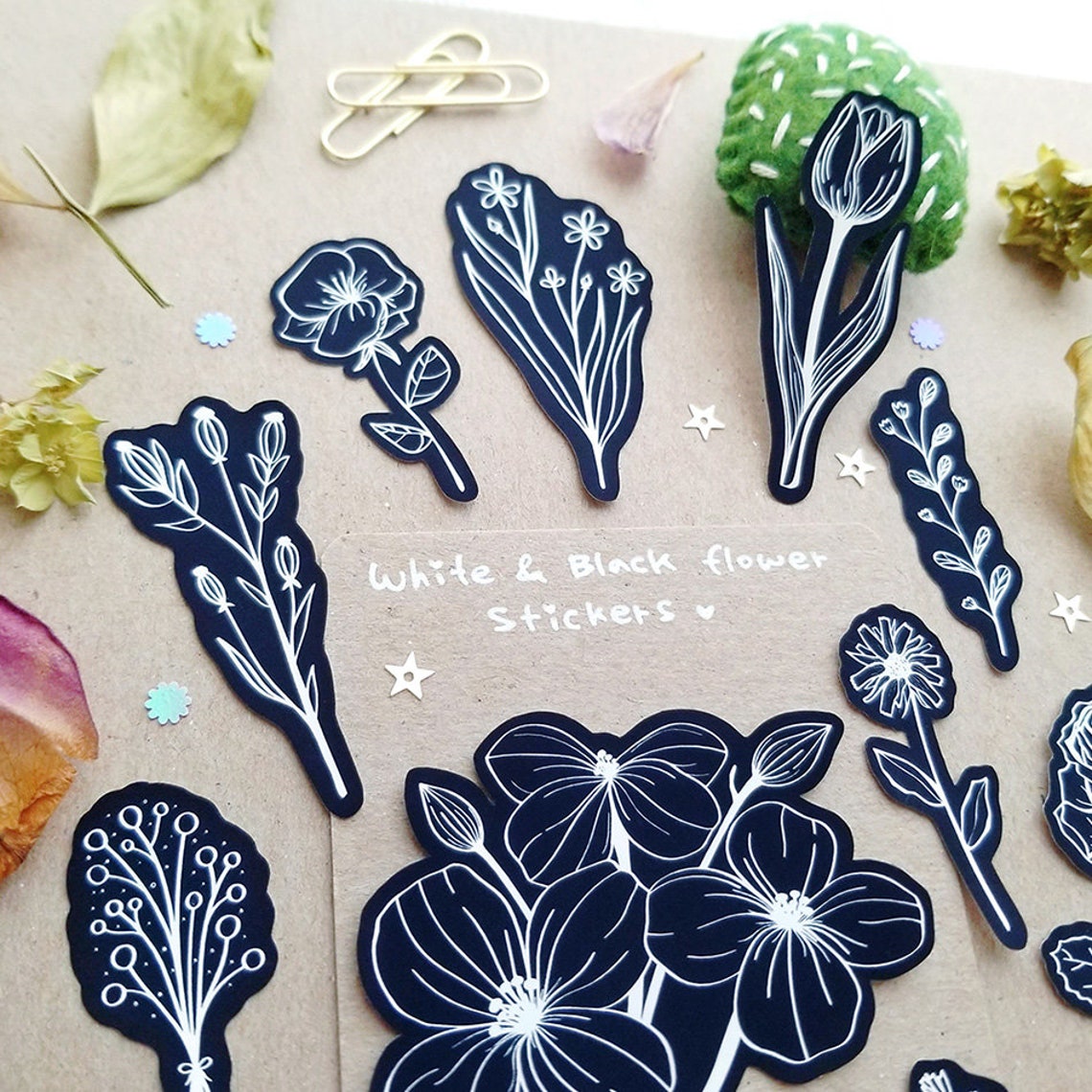White and Black Flower Stickers - Etsy