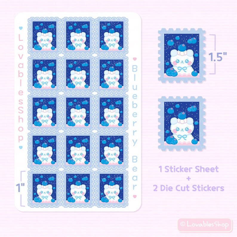 May include: A sheet of 16 stickers featuring a cute cartoon bear wearing a blue hat and holding blueberries. The stickers are in the shape of postage stamps and are 1 inch by 1.5 inches. The sheet also includes two die-cut stickers of the same design.
