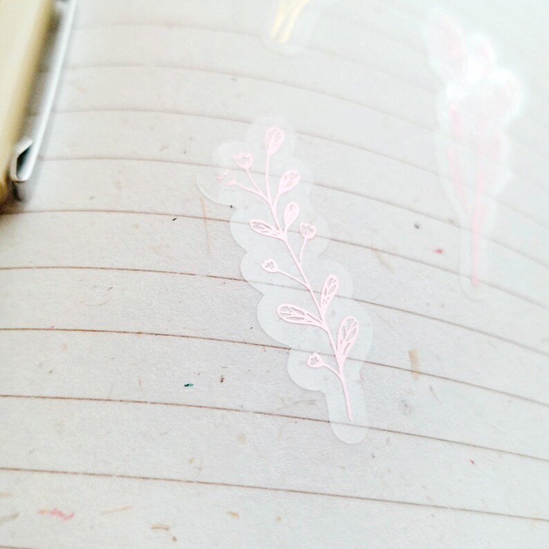 May include: A clear sticker with a pink floral design. The sticker features a delicate branch with small leaves and flowers.