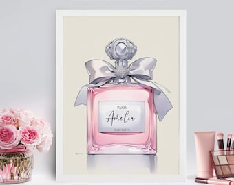 Impresión personalizada de frasco de perfume: decoración de habitación para niñas con acuarela rosa