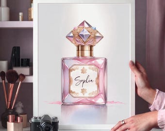 Impresión de arte mural de frasco de perfume personalizado: Impresión de acuarela rosa