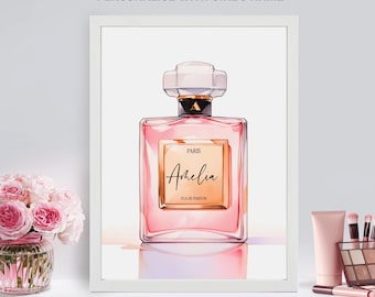 Impresión personalizada de frasco de perfume: Decoración de maquillaje con acuarela rosa