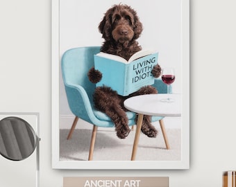 Retrato de mascota: tu propio perro leyendo. Personaliza los colores y el título del libro. Lámina decorativa para pared.
