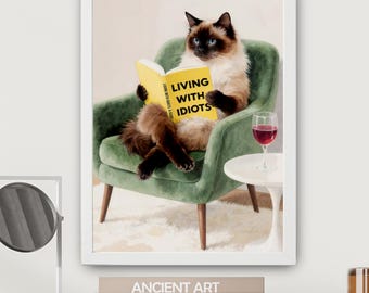 Retrato de mascota: tu propio gato leyendo, personaliza los colores y el título del libro. Lámina decorativa para pared.