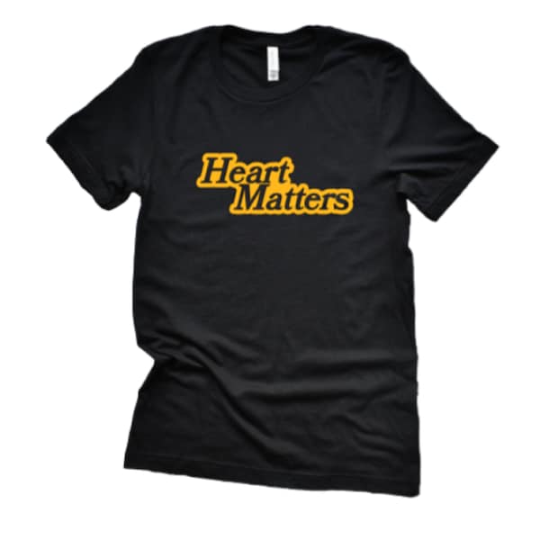 Heart Matters black tee, gold chest design, shirts for men, shirts for women, couples shirts, family matters shirts. Click for more details!