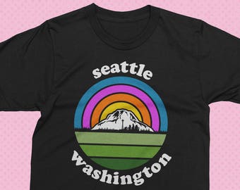 Seattle Washington - black tee - vintage Seattle style sunset t shirt, Washington shirt,  mountains, retro graphic tee, vintage t shirt