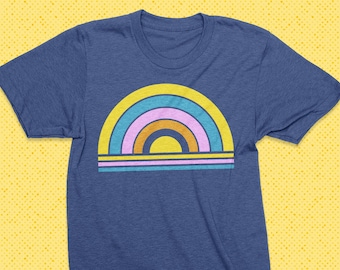 Retro Rainbow Graphic Tee - Heather Blue Vintage Style Shirt