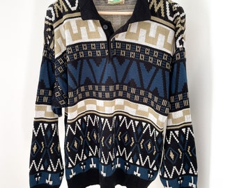 80s 90s Dark Academia Aztec Vintage Northwest Territory Oversized Menswear Polo Sweater Grandpa Sweater Grandpacore Dad Sweater