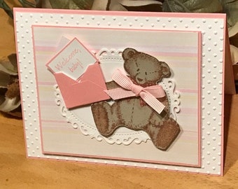 Welcome baby girl card, Welcome baby girl teddy bear card, Baby girl teddy bear card, Pink baby card, pink teddy bear card