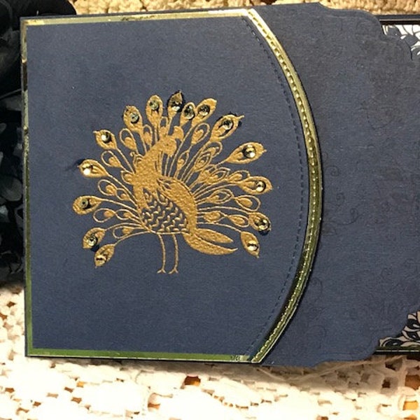 Peacock wedding card, India wedding card, indian wedding card, Gold embossed wedding card, Navy and gold wedding card, India peacock card