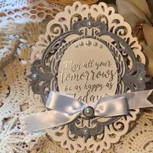 Wedding card, Die cut ornate oval wedding card, Shimmery wedding card, fancy wedding card, ornate wedding card, Silver and white shimmer