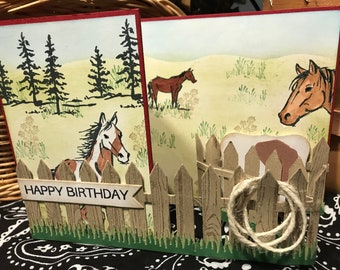 Birthday card horse themed with fence Z fold