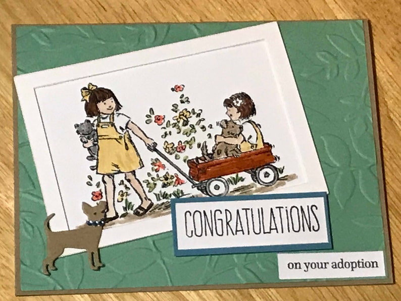May include: A greeting card featuring a watercolor illustration of two children, one pulling a red wagon with a dog inside and the other holding a cat. The card includes the text CONGRATULATIONS on your adoption and a small brown dog cutout.