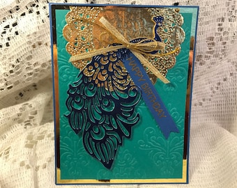 Metallic blue and gold peacock birthday card