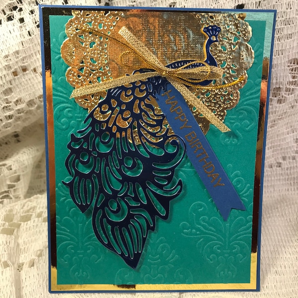 Metallic blue and gold peacock birthday card