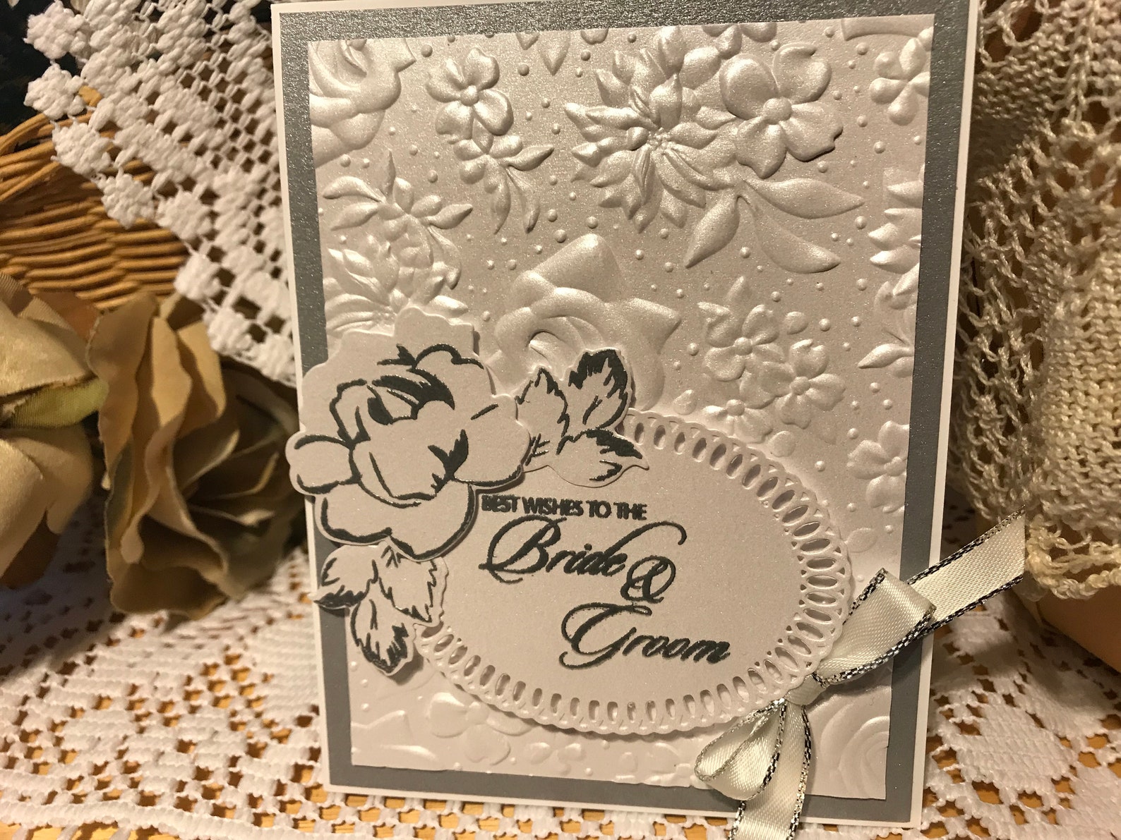 Wedding Card Floral Embossed Wedding Card White and Silver Etsy
