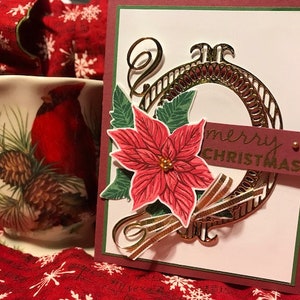 Carte de Noël faite main bordeaux, vert et or de poinsettia
