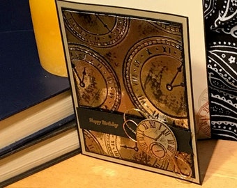 Embossed faux metal clock birthday card