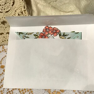 May include: A white envelope containing a floral card. The card has a light blue background with a floral pattern and three coral-coloured flowers. The envelope is partially open, showing the card.