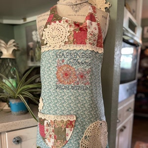A Vintage inspired, Retro Apron, Cute , Women's Aprons, Happiness blooms from within apron, blue with lace trim, Apron