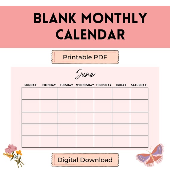 Blank Monthly Calendar Printable Undated Calendar Template Office Organization Productivity Tools Project Management Printable - Etsy