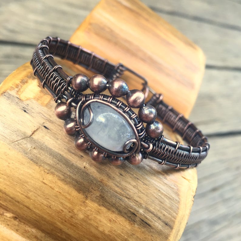 Copper and Moonstone Wire Wrapped Cuff Bracelet Etsy