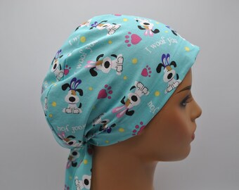 Funny Cartoon Puppy Dogs w/ Bunny Ears Surgical Scrub Cap or Longer Hair, Nurse Doctor Scrub Hat, Head Cover, Cotton, Elastic and Tie Back