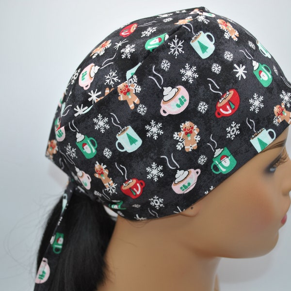 Christmas Holiday Hot Chocolate Surgical Scrub Hat, for Nurse, Doctor, Men, Women,  Unisex Headcover, Tie Back, Sizes Medium and Large