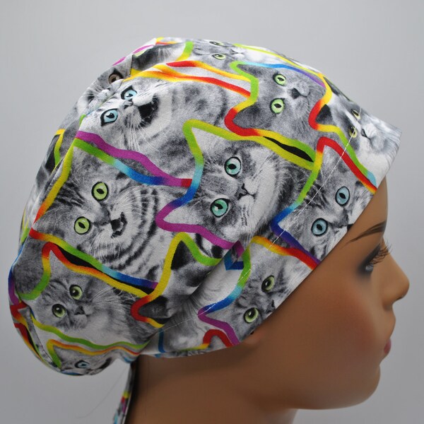 Colorful Neon Cats Surgical Scrub Hat for Nurse, Doctor, Veterinarian, Great for Longer Hair, 100% Cotton, Elastic and Tie Back