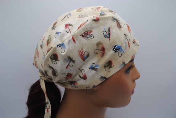 Unique Fly Fishing Surgical Scrub Hat, Scrub Cap for Nurse,doctor, Men,  Women, Head Cover, Skull Cap, Tie Back, Size Medium and Large 