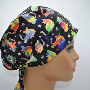 Tie Dye Rainbow Cats Surgical Scrub Cap for Nurses and Doctors, Made for Longer Hair, 100% Cotton, Elastic and Tie Back