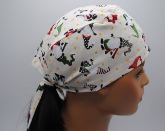 Christmas Gnomes in Elf Hats Surgical Scrub Cap for Nurse, Doctor, Women, Men, Tie Back, Unisex Size Medium, Large, X-Large (with Elastic)