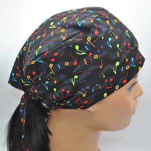 Colorful Music Notes Surgical Scrub Cap, Head Cover, Scrub Hat, Tie Back, Sizes Medium and Large