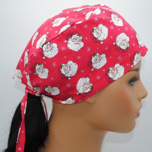 Santa Claus Red Christmas Surgical Scrub Cap for Nurse, Women, Men, Doctors, Veterinarians, Unisex Sizes Medium, Large and X-Large, Tie Back