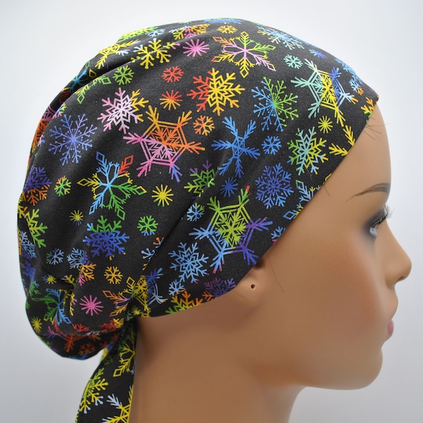 Holiday Surgical Scrub Cap, Winter, Christmas, For Longer Hair, For Nurses, Colorful Winter Snowflakes, Elastic and Tie Back