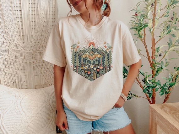 Comfort Colors Hexagon Mountain Shirt, Pine Trees, Wildflowers, Boho Folk Art, Vintage