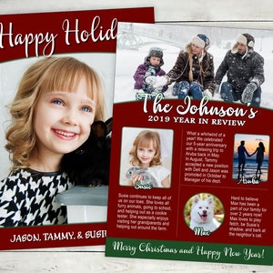 Christmas Cards with Year In Review Recap | Red and Green Christmas Card Template with Photos and Infographics