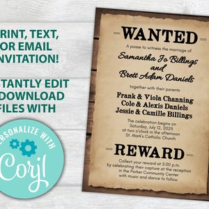 Rustic Wedding Invitation Template | Editable Country Wedding Invitation Printable | Rustic Chic Wedding Invite with Western WANTED theme